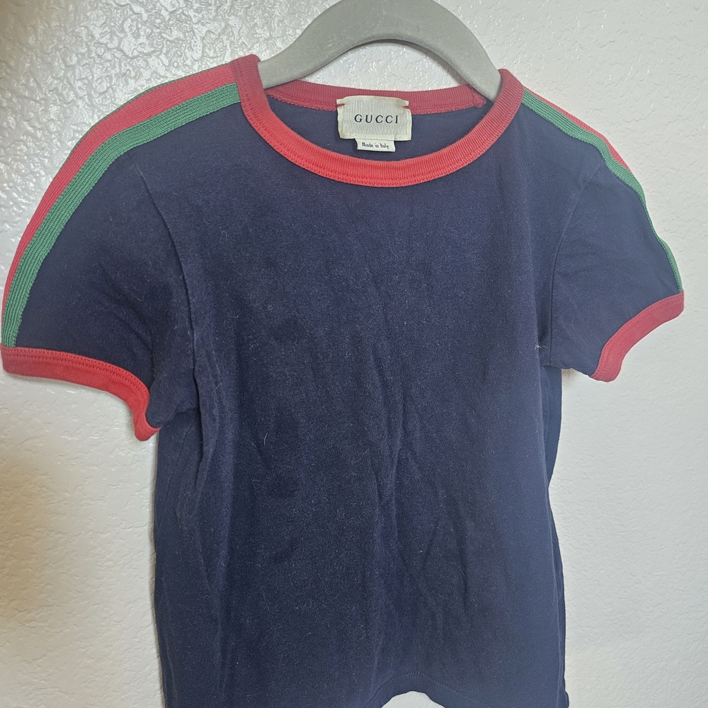 Gucci Kids Logo Snake T-Shirt – Size 4 – Navy w/ Red Green Trim – Made in Italy